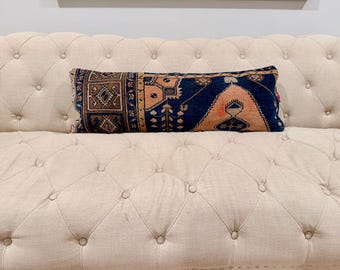 Boho Kilim Lumbar Pillow Cover 12x36, Vintage Turkish Rug Cushion, Rustic Farmhouse Bed Decor, Woven Accent Pillow