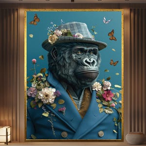 Funny Gorilla Wall Art Canvas Wall Decor Surreal Animal Portrait in Suit Framed Artwork Dressed Gorilla Artwork Large Animal Wall Decor