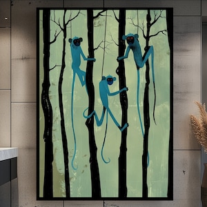 May include: A digital art print featuring three blue monkeys with long tails hanging from trees in a forest setting. The background is a light green color with dark brown tree trunks.