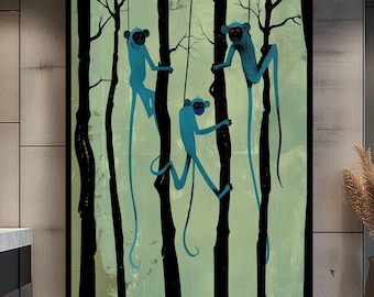 Canvasafdruk blauwe aap: minimalistische boskunst, op de natuur geïnspireerd cadeau