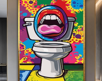 Arte pop colorido, arte mural para baño, impresión de arte moderno vibrante, decoración original para baño, lienzo enmarcado, decoración extragrande, decoración divertida para inodoro