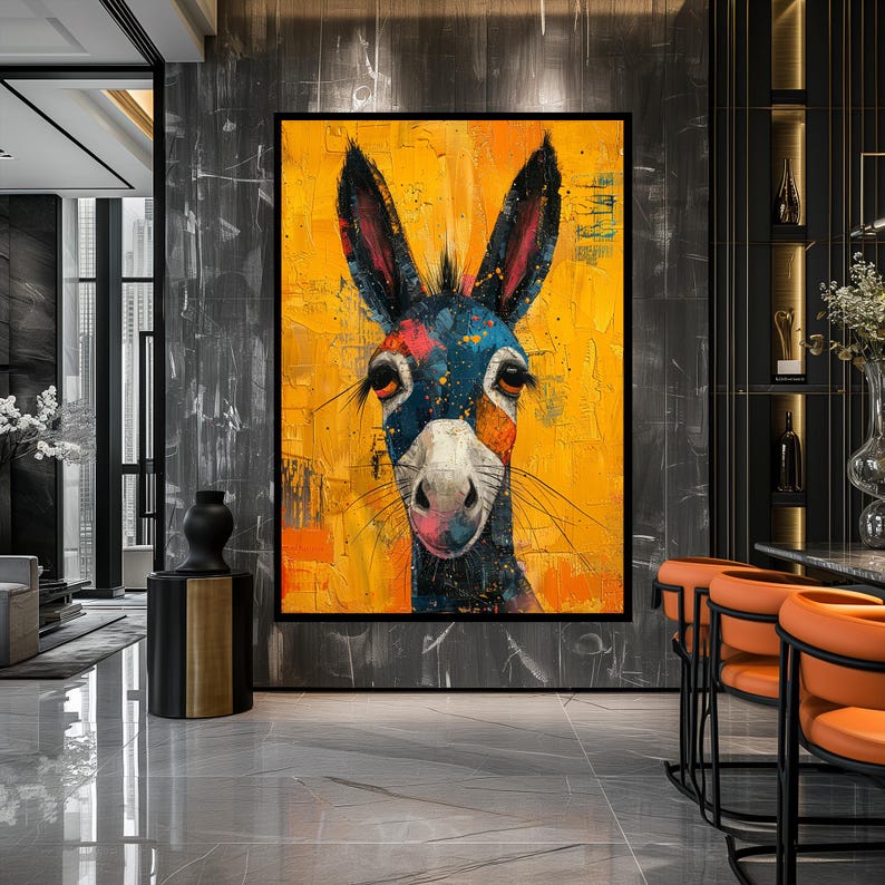 Op de afbeelding: Een kleurrijk abstract schilderij van een ezelskop tegen een gele achtergrond. De ezel heeft blauwe, zwarte, witte en rode markeringen. Het schilderij heeft een textuur, penseelstreek-effect.