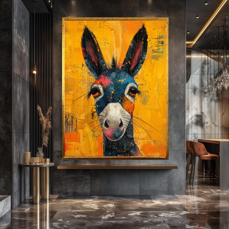 Op de afbeelding: Een kleurrijk abstract schilderij van een ezelskop met een gele, blauwe en zwarte achtergrond. De ezel heeft een zwarte neus en grote, donkere ogen.