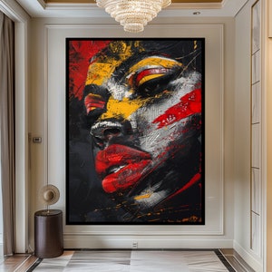 May include: Abstract painting of a woman's face with bold red, yellow, and black colors. The woman's lips are painted a bright red.