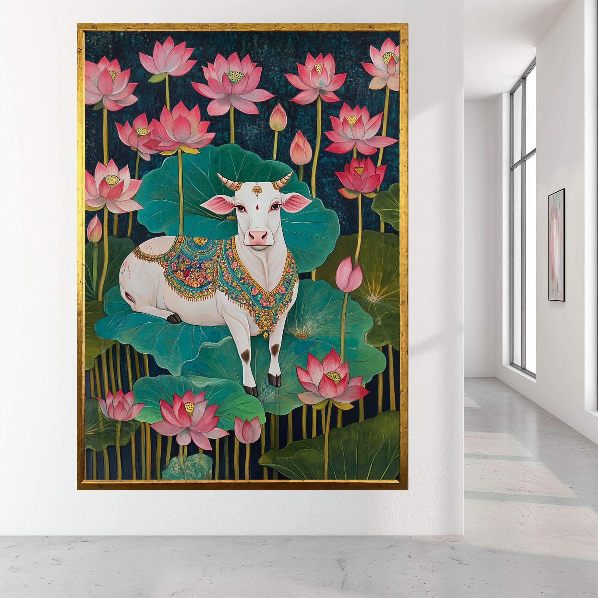 アート・写真 インド手描きピチャワイ画 牛と蓮の花の絵画