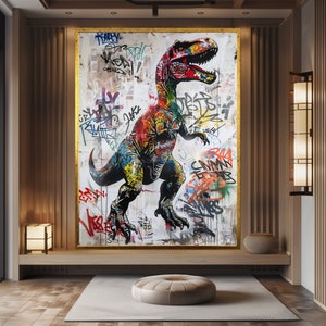 Graffiti Dinosaur Art Street Art Canvas  T-Rex Wall Decor Modern Graffiti Art Pop Art Graffiti Unique Wall Art Large Artwork Gift for Home