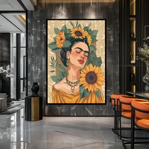May include: A painting of a woman with closed eyes, surrounded by sunflowers. She is wearing a yellow dress and a necklace with a green stone pendant. The background is a cream color with a floral pattern.