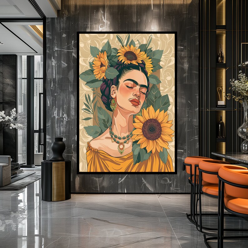 May include: A painting of a woman with closed eyes, surrounded by sunflowers. She is wearing a yellow dress and a necklace with a green stone pendant. The background is a cream color with a floral pattern.
