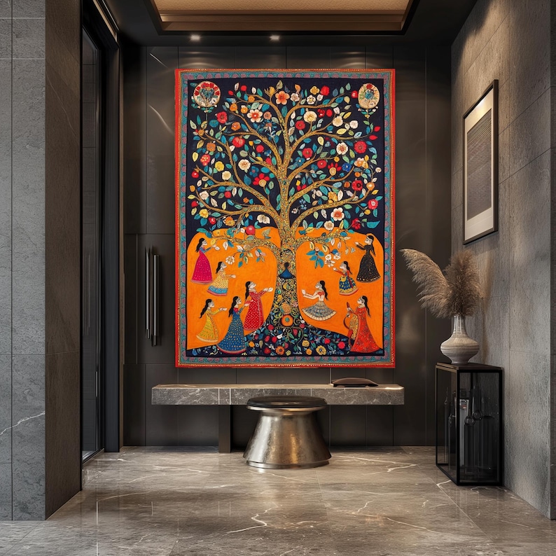 Tree Life Decor indian Wall Decor Madhubani Painting indian Statue Framed Art Interior Design Yoga Studio Decor Extra Large Wall Art image 5