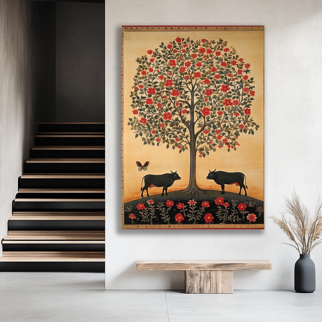 Tree of Life Wall Art, Folk Art Print With Bulls, Traditional Indian ...