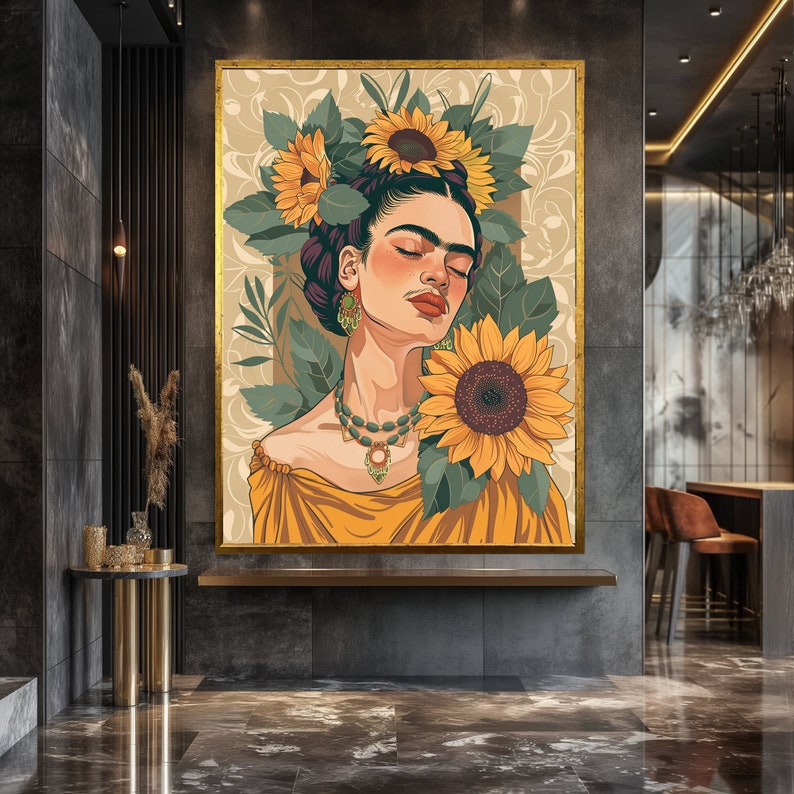 May include: A colorful illustration of a woman with a crown of sunflowers and a single sunflower behind her. She is wearing a yellow dress and a necklace with a green stone pendant.