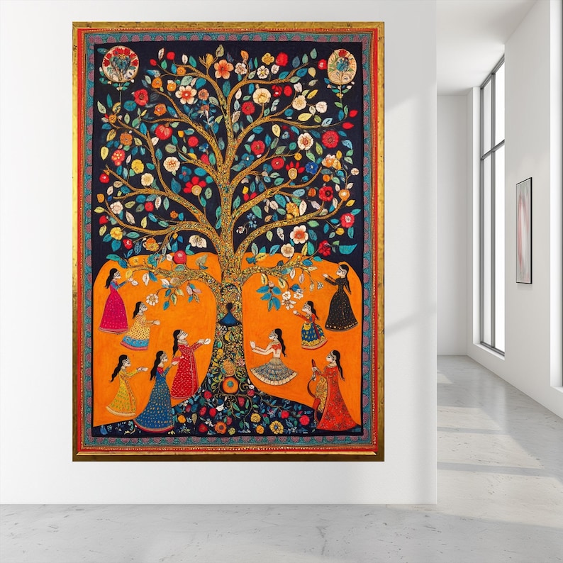 Tree Life Decor indian Wall Decor Madhubani Painting indian Statue Framed Art Interior Design Yoga Studio Decor Extra Large Wall Art image 6