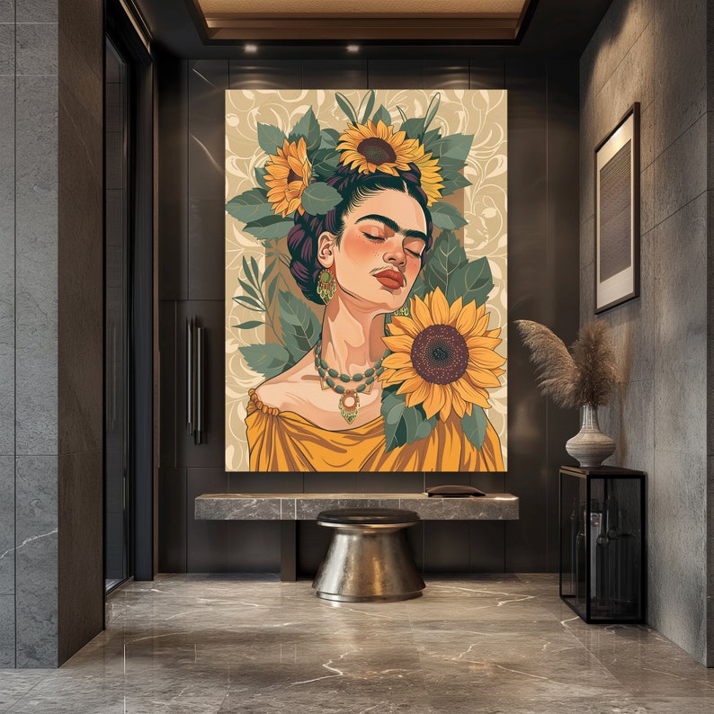 May include: A digital painting of a woman with a crown of sunflowers and a single sunflower in her hand. She is wearing a yellow dress and a necklace with a green stone pendant. The background is a floral pattern.