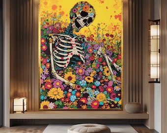 May include: A colorful digital art print featuring a skeleton with a skull face surrounded by a field of vibrant flowers. The background is a bright yellow with splashes of color.