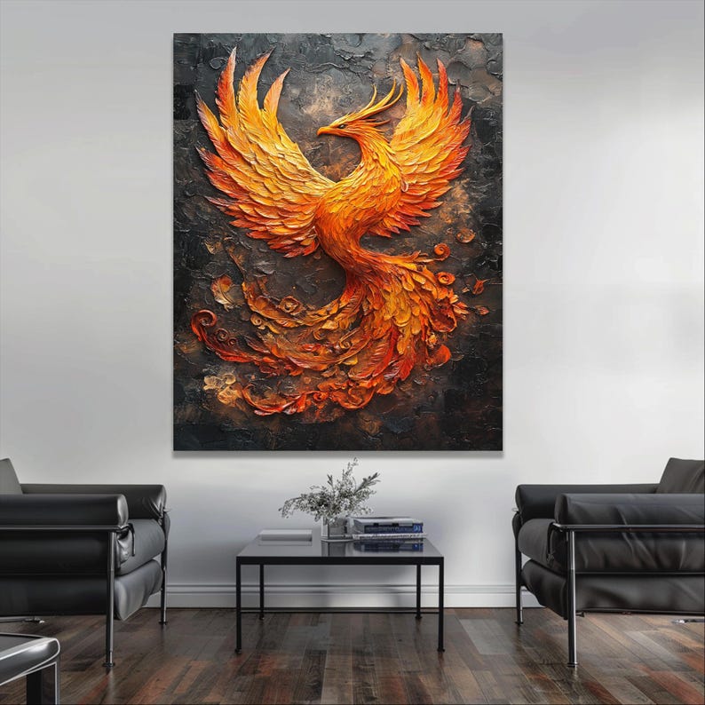 May include: A large, textured painting of a phoenix in shades of orange and yellow against a dark background. The bird is depicted with outstretched wings and flowing tail feathers, creating a dynamic and artistic composition. The artwork is displayed on a wall.