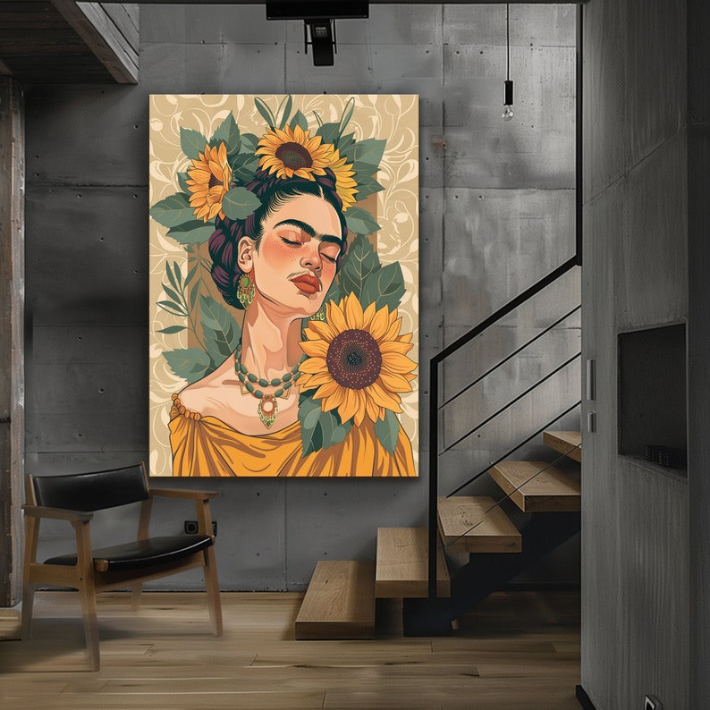 May include: A digital painting of a woman with dark hair and a sunflower crown. She is wearing a yellow dress and has her eyes closed. The background is a light brown with a floral pattern.