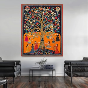 Tree Life Decor indian Wall Decor Madhubani Painting indian Statue Framed Art Interior Design Yoga Studio Decor Extra Large Wall Art image 4