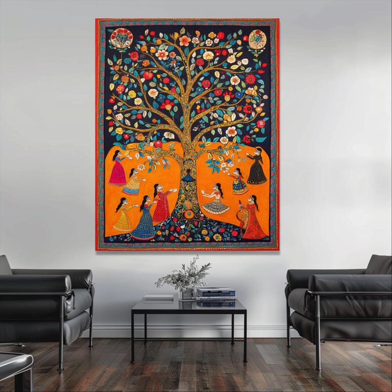 Tree Life Decor indian Wall Decor Madhubani Painting indian Statue Framed Art Interior Design Yoga Studio Decor Extra Large Wall Art image 4