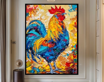 May include: A colorful painting of a rooster with a yellow, blue, and red plumage. The rooster is standing on a yellow, orange, and red background.