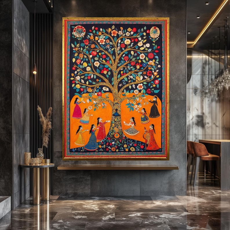 Tree Life Decor indian Wall Decor Madhubani Painting indian Statue Framed Art Interior Design Yoga Studio Decor Extra Large Wall Art image 2