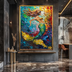 Mermaid Canvas Art Mermaid Oil Painting Framed Artwork Interior Design Extra Large Wall Art Modern Unique Gift for Lover Christmas Gift