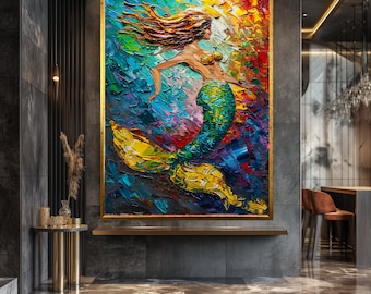 Mermaid Oil Painting on Canvas, Framed Wall Art