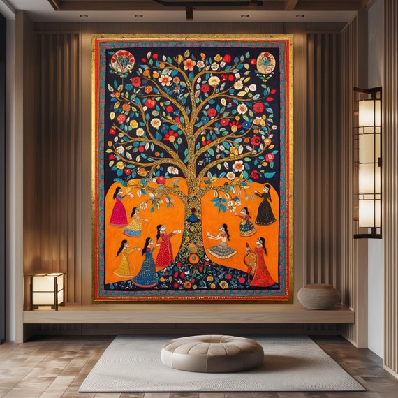 Tree Life Decor indian Wall Decor Madhubani Painting indian Statue Framed Art Interior Design Yoga Studio Decor  Extra Large Wall Art