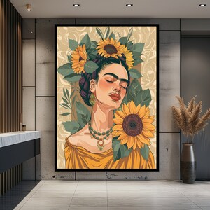 May include: A digital painting of a woman with a crown of sunflowers. She has closed eyes and is wearing a yellow dress and a necklace. The background is a light beige with green leaves and sunflowers.