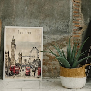 London Landmarks Poster: Stunning Big Ben, Tower Bridge & London Eye with Red Buses, Vintage London Print