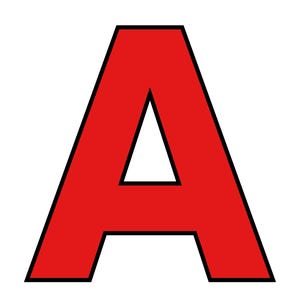 Puede incluir: Una letra "A" roja con contorno negro, sobre fondo blanco. La letra es de diseño sans-serif, con un espacio triangular en el centro.