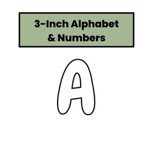 Puede incluir: Una letra "A" con contorno negro de 7,6 cm, parte de un conjunto de alfabeto y números. El texto "3-Inch Alphabet & Numbers" se muestra en un rectángulo verde encima de la letra.