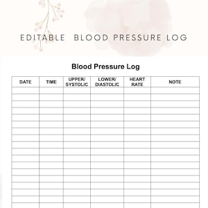 May include: A printable blood pressure log with the text "EDITABLE BLOOD PRESSURE LOG" at the top. The log includes fields for date, time, systolic, diastolic, heart rate, and notes. The design has a soft, floral aesthetic.