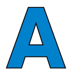May include: A capital letter A in a bold, sans-serif font. The letter is filled with a solid bright blue color and is outlined with a thick, distinct black border, creating a high-contrast graphic design element on a plain white background.