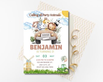 Party Animals Birthday Invitation | Editable Kids Birthday Card (Digital Download)