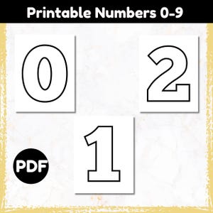 May include: Printable numbers 0-9 in a black outline font on white backgrounds. The numbers 0, 1, and 2 are visible. A black circle with the letters PDF is in the lower left corner. The text "Printable Numbers 0-9" is at the top.