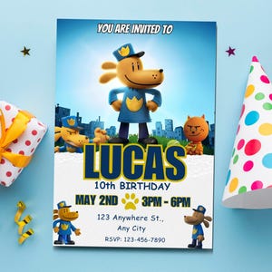 編集可能なドッグマンの誕生日招待状、ドッグマンの誕生日招待状、子供の誕生日招待状、編集可能な誕生日招待状、誕生日招待状