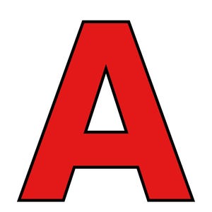 以下が含まれることがあります： 鮮やかな赤色で描かれた太字の大文字のA。この文字は、すっきりとした幾何学的なサンセリフ体で構成されており、白い背景に対してその輪郭を際立たせる太くはっきりとした黒い縁取りが施されています。