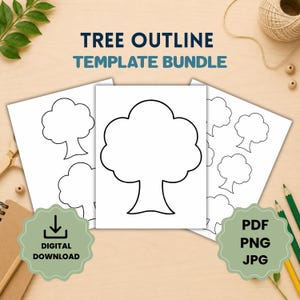 May include: A Tree Outline Template Bundle featuring three white sheets with black line art of tree shapes. The text reads TREE OUTLINE TEMPLATE BUNDLE, DIGITAL DOWNLOAD, PDF, PNG, and JPG. The design includes a large central tree outline.