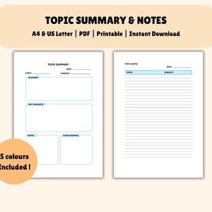 Printable Topic Summary and Note Template | Revision Sheet PDF | Revision Plan Study Template | 5 colors| A4 US Letter| Digital Download