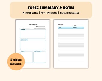 Printable Topic Summary and Note Template| Revision Sheet PDF| Revision Plan Study Template| 5 colors| A4 |US Letter |Digital Download