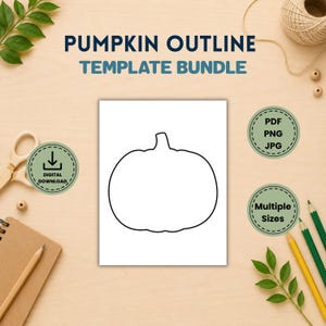 May include: A digital pumpkin outline template bundle featuring a central black and white pumpkin drawing. The text reads PUMPKIN OUTLINE TEMPLATE BUNDLE, DIGITAL DOWNLOAD, PDF, PNG, JPG, and Multiple Sizes. Includes scissors, pencils, and twine.