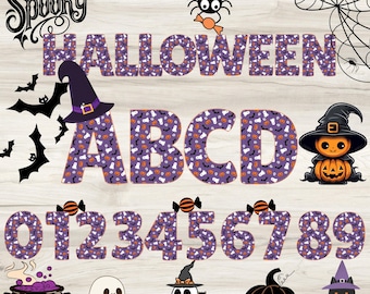 May include: A Halloween-themed design featuring the word "Halloween" and the letters "ABCD" and numbers "0123456789" in a purple pattern with ghosts, pumpkins, and bats. Includes illustrations of a witch's hat, a pumpkin, a cauldron, a ghost, a black cat, and a spider.