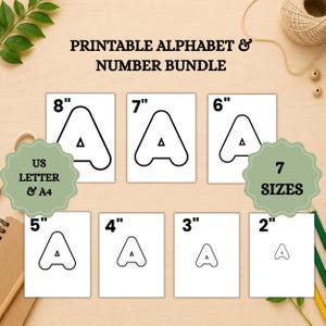 May include: A printable alphabet and number bundle featuring the letter A in seven sizes ranging from 5 cm to 20 cm. The set includes US Letter and A4 paper formats, with each page displaying a single black outline of the letter A.