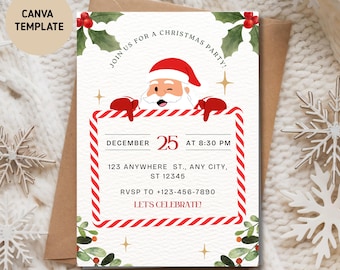 Puede incluir: Invitación a una fiesta de Navidad con una ilustración de Papá Noel. La invitación incluye el texto "¡Únete a nuestra fiesta de Navidad!" y detalles para el 25 de diciembre a las 20:30. La invitación también incluye un número de teléfono RSVP y las palabras "¡Celebremos!"