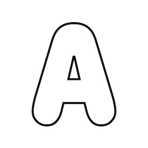 Può includere: Una lettera "A" grande, delineata in nero, su sfondo bianco. La lettera ha un design arrotondato, simile a una bolla, con una forma triangolare all'interno. Il contorno audace le conferisce un aspetto semplice ma d'impatto.