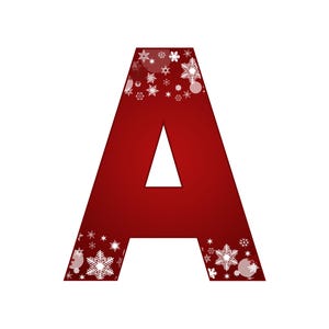 May include: A red letter 'A' decorated with white snowflakes. The letter has a gradient effect and is adorned with various sizes of snowflakes. Ideal for festive crafts and decorations during the holiday season.