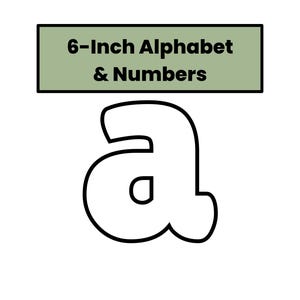 May include: A white, lowercase letter "a" with a black outline, part of a 6-inch alphabet set. The letter has a rounded, bubble-like design, perfect for crafts and educational projects.
