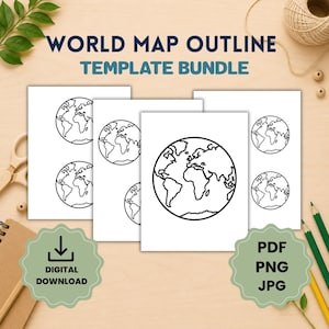 Puede incluir: Un paquete de plantillas de descarga digital que presenta el contorno de un mapa mundial. El conjunto incluye varias hojas blancas con dibujos de líneas negras del globo terráqueo. El texto dice: WORLD MAP OUTLINE TEMPLATE BUNDLE, DIGITAL DOWNLOAD, PDF, PNG, JPG.
