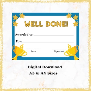 Op de afbeelding: Een digitaal certificaat met een blauwe rand en gouden sterren. De woorden "WELL DONE!" staan in grote, gouden letters. Het certificaat bevat velden voor "Toegekend aan:" en "Voor:" en heeft gouden trofee-illustraties.