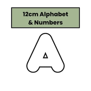 Pode incluir: Uma letra "A" branca com contorno preto, abaixo de um retângulo verde com o texto "12cm Alphabet & Numbers". A imagem está em um fundo branco.